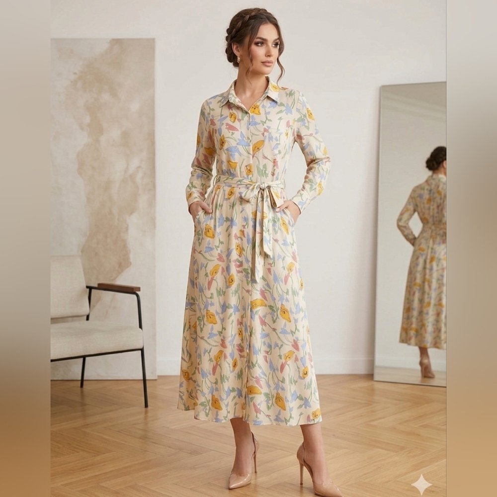 Zara Floral Tie-Waist Shirt Dress in Cream and Pastel